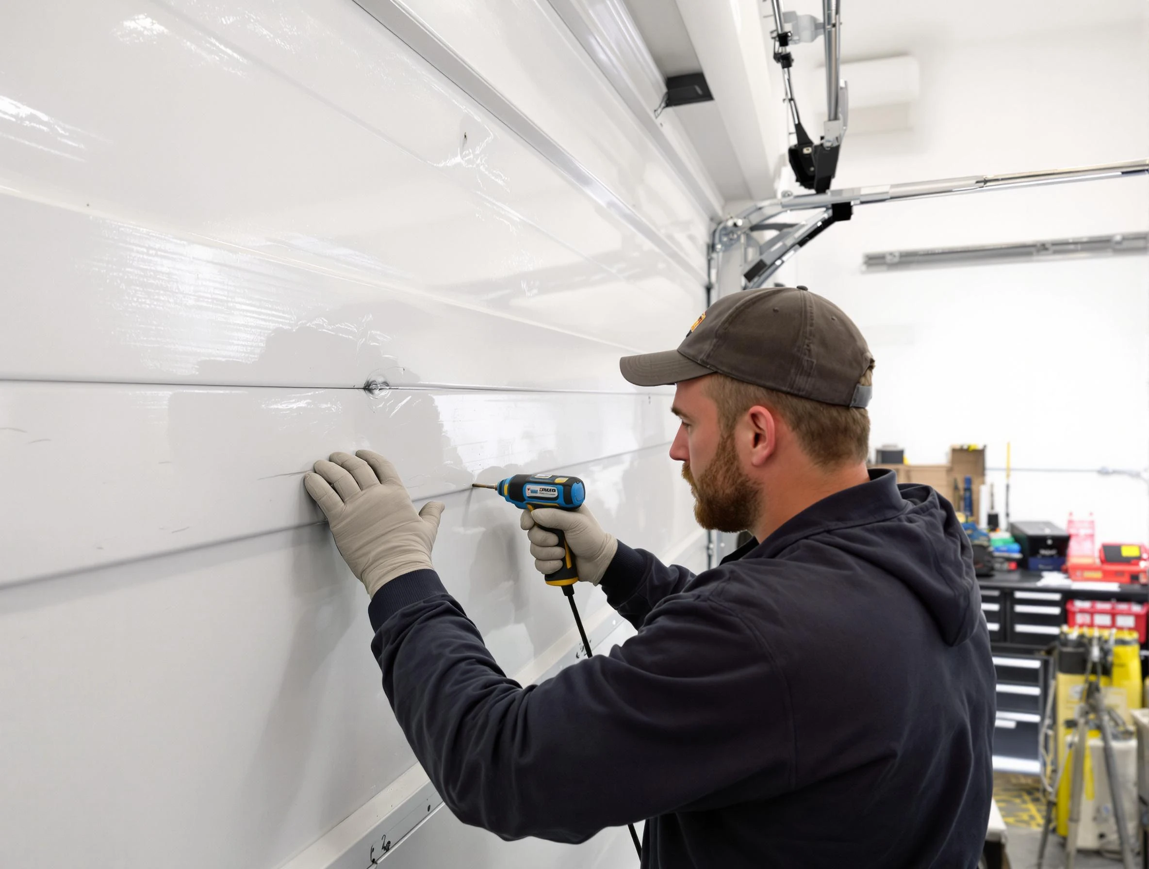 Murray Garage Door Repair technician demonstrating precision dent removal techniques on a Murray garage door